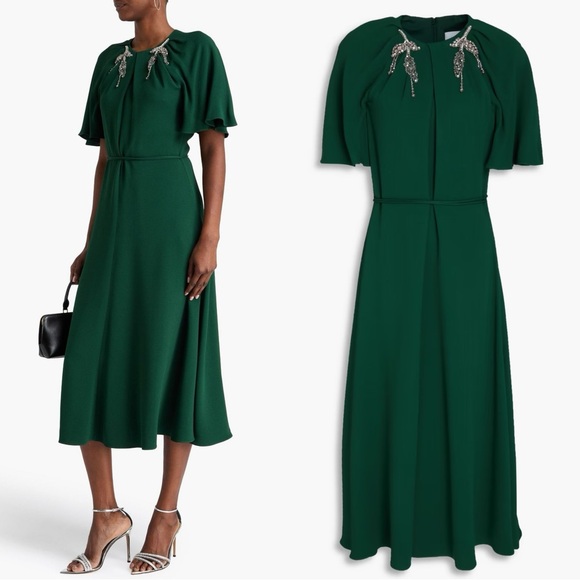 ERDEM Dresses & Skirts - Erdem Tie-detailed Embellished Crepe Midi Dress Size 4 NWT Emerald Green